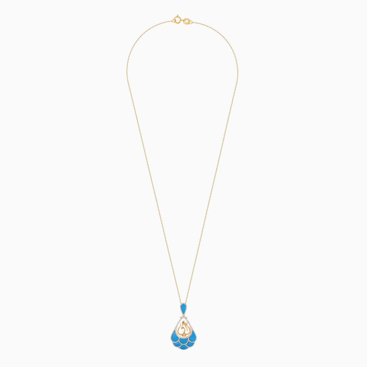 18K Yellow Gold Necklace with 'Mother' Centerpiece, Adorned with Turquoise and Natural Diamonds