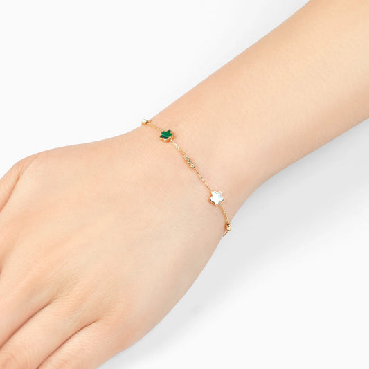 18K Yellow Gold Flower Bracelet with Mother of Pearl and Malachite – Eclat Collection