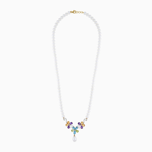 18K Yellow Gold Pearl Necklace with Flower-Shaped Pendant Featuring Diamonds & Gemstones – Danah Collection