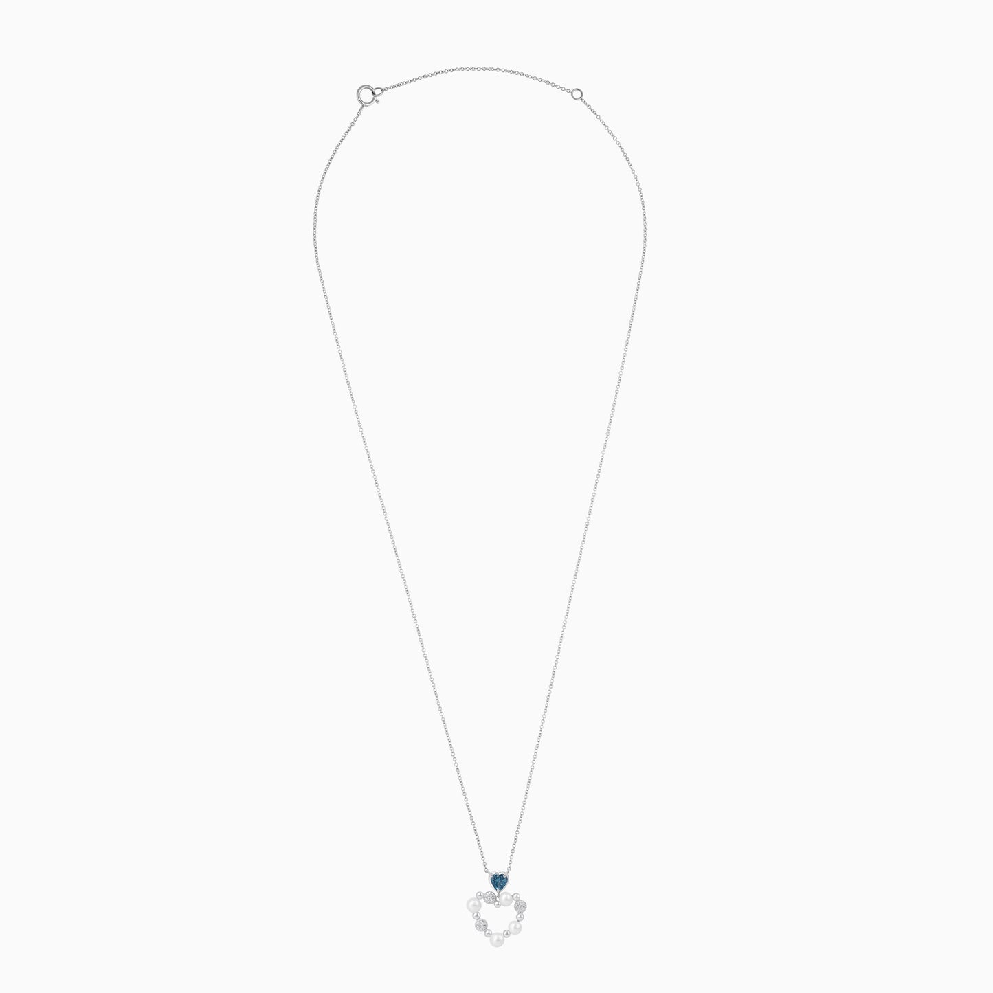 18k white gold chain with heart-shaped pendant decorated with pearls, natural diamond and natural Swiss blue Topaz stones | danah collection