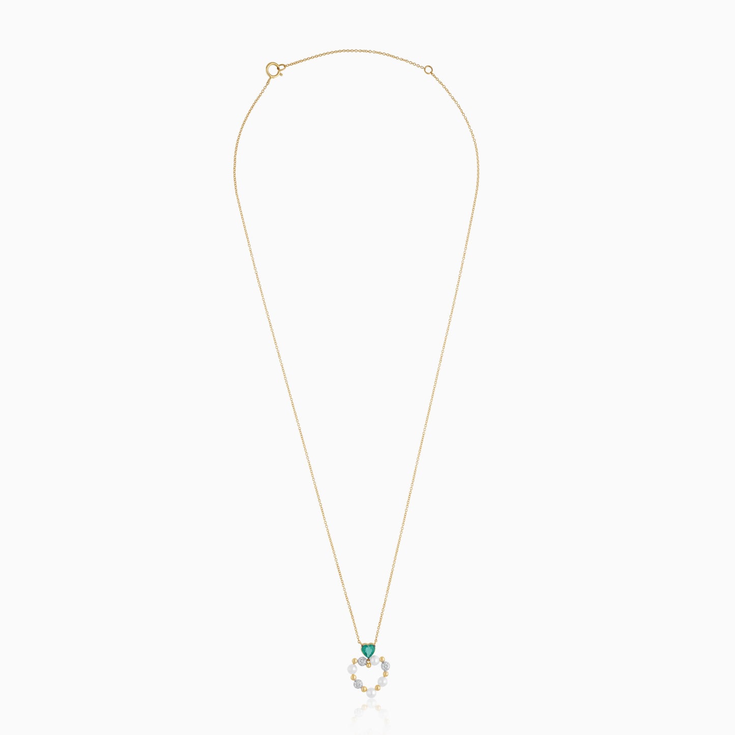 18k yellow gold Chain with heart-shaped Pendant decorated with pearls, natural diamond and natural emerald stones | danah collection