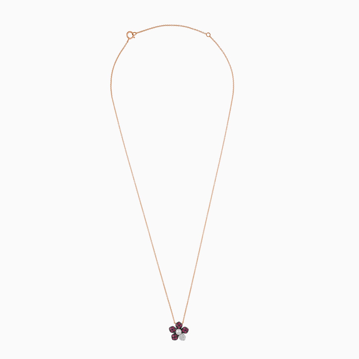 18k rose gold chain with a flower shape pendant decorated with a single pearl in the center surrounded by natural diamond, ruby stones from Danah Collection