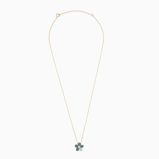 18k yellow gold chain with a flower shape pendant decorated with a single pearl in the center surrounded by natural diamond, emerald stones
