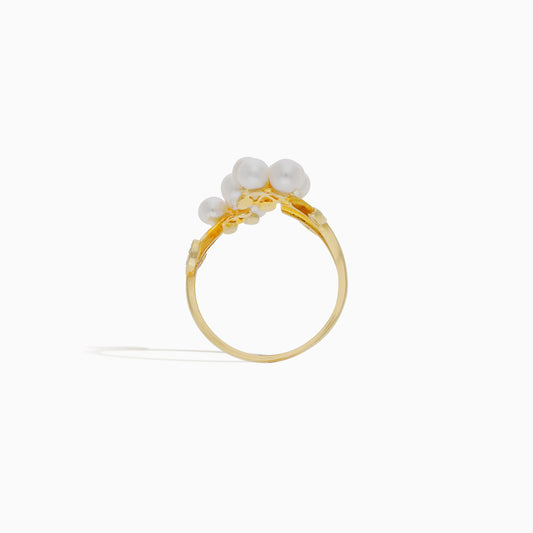 18K YELLOW GOLD RING DECORATED WITH PEARLS AN ZIRCON STONES