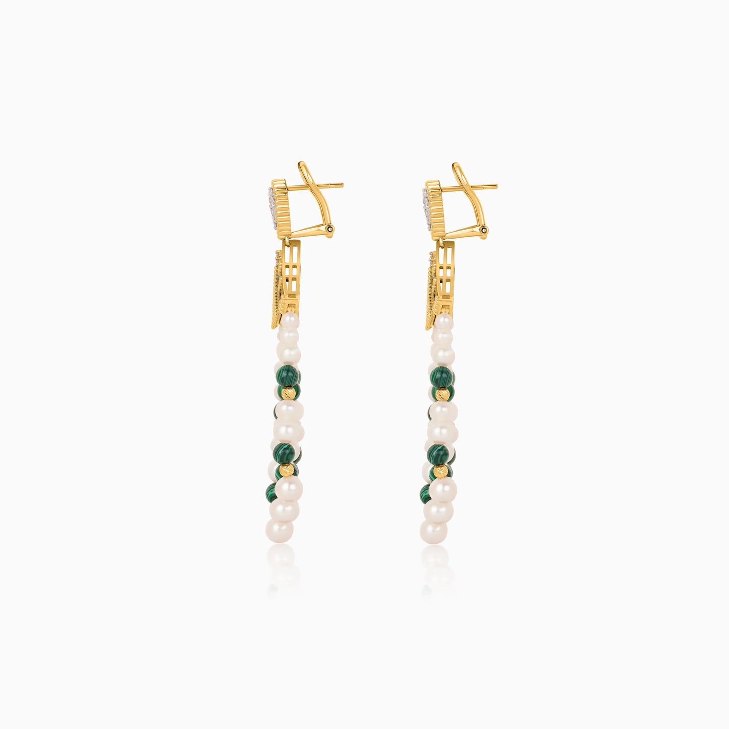 18K Yellow Gold Dangling Earrings with Pearls, Natural Diamonds and Malachite stones