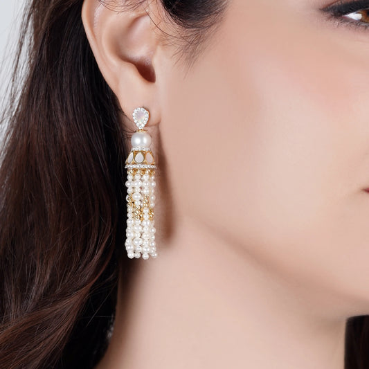 18K Yellow Gold Dangling Earrings with Pearls and Natural Diamonds | Danah Collection