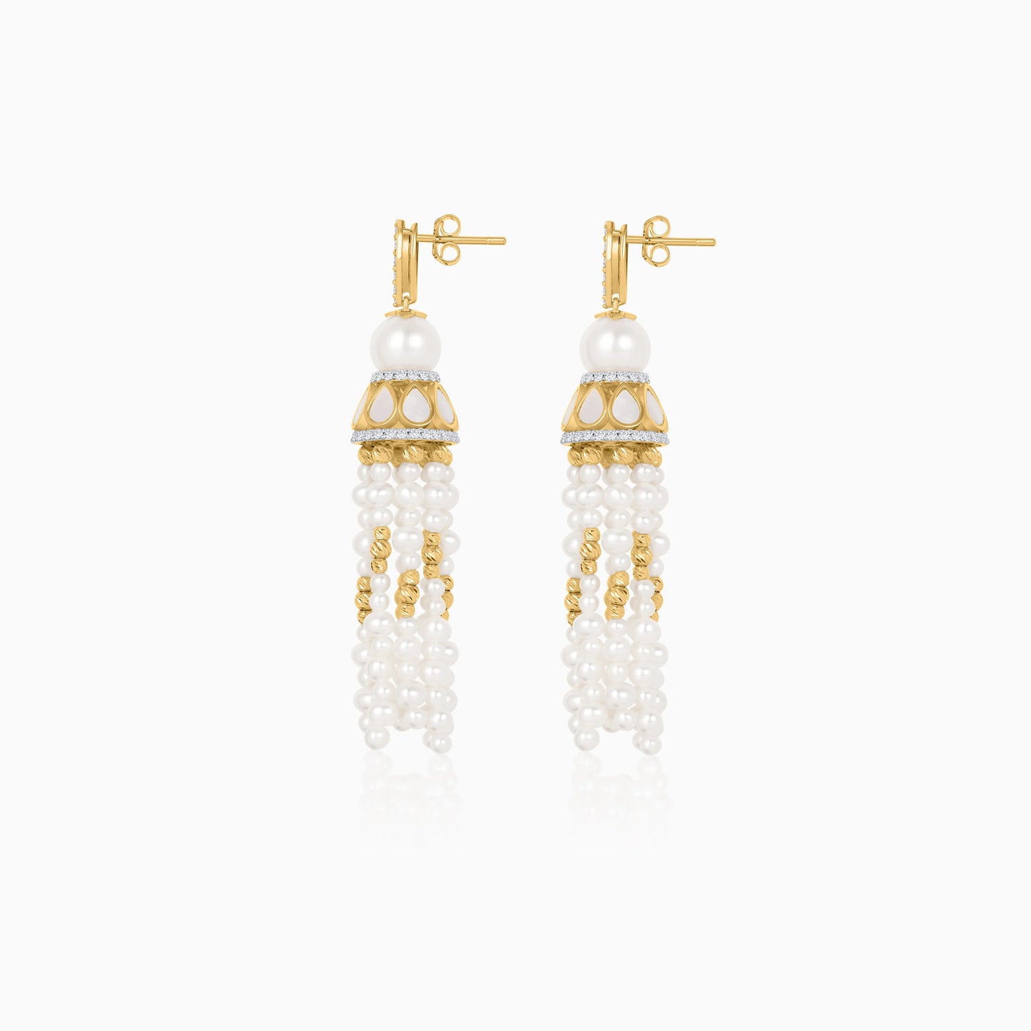 18K Yellow Gold Dangling Earrings with Pearls and Natural Diamonds | Danah Collection