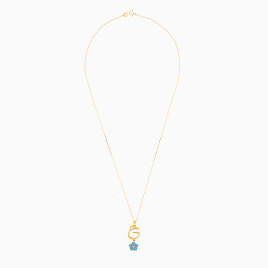 18k yellow gold kids necklace with the letter “haa” decorated with a hanging Turquoise enamel flower and natural diamond in the centre