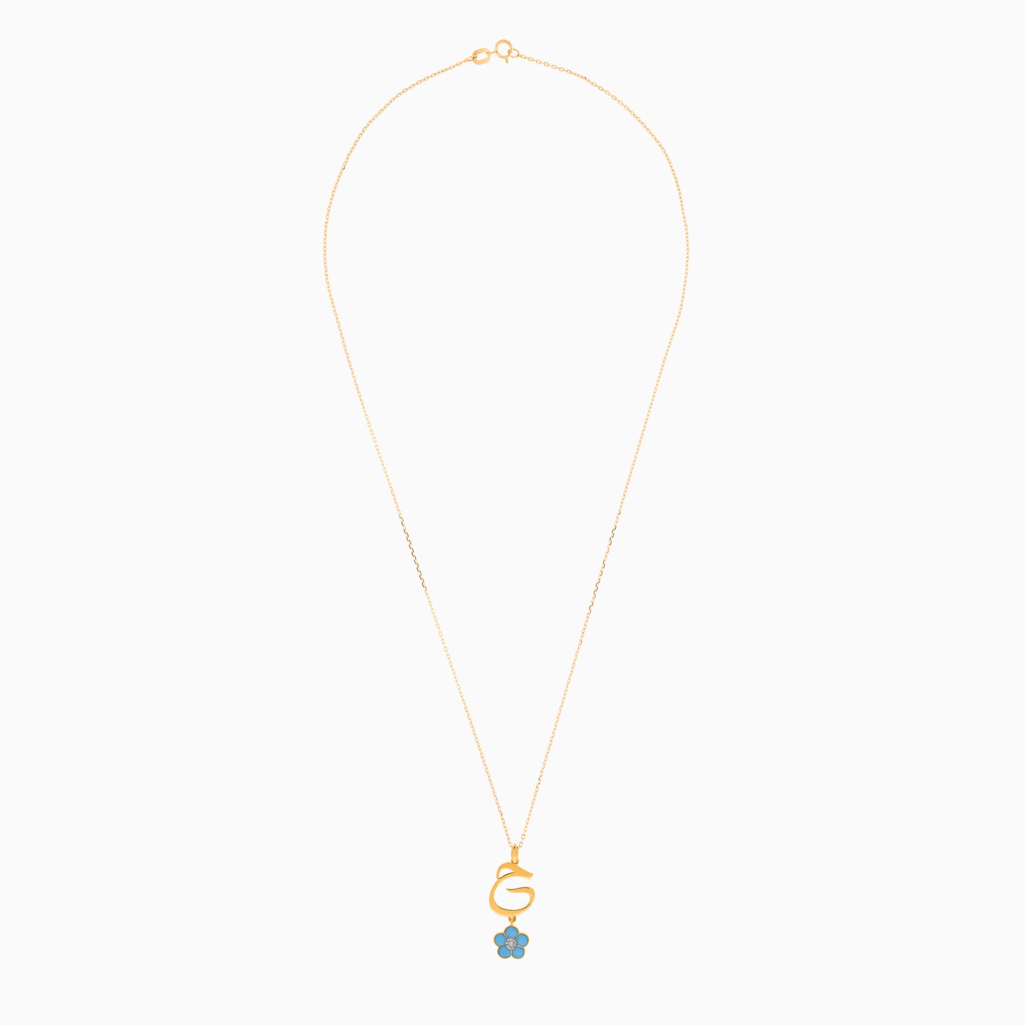 18K Yellow Gold Kids Necklace – Letter ‘Haa’ with Turquoise Enamel Flower & Natural Diamond | Horoufi Kids Collection