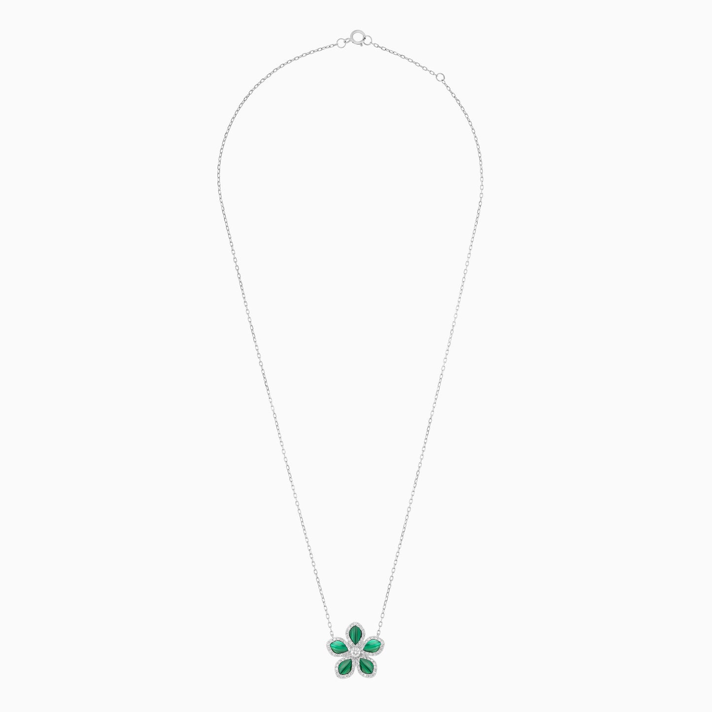 18K White Gold Flower Necklace with Diamonds and Malachite – Mosaic Collection