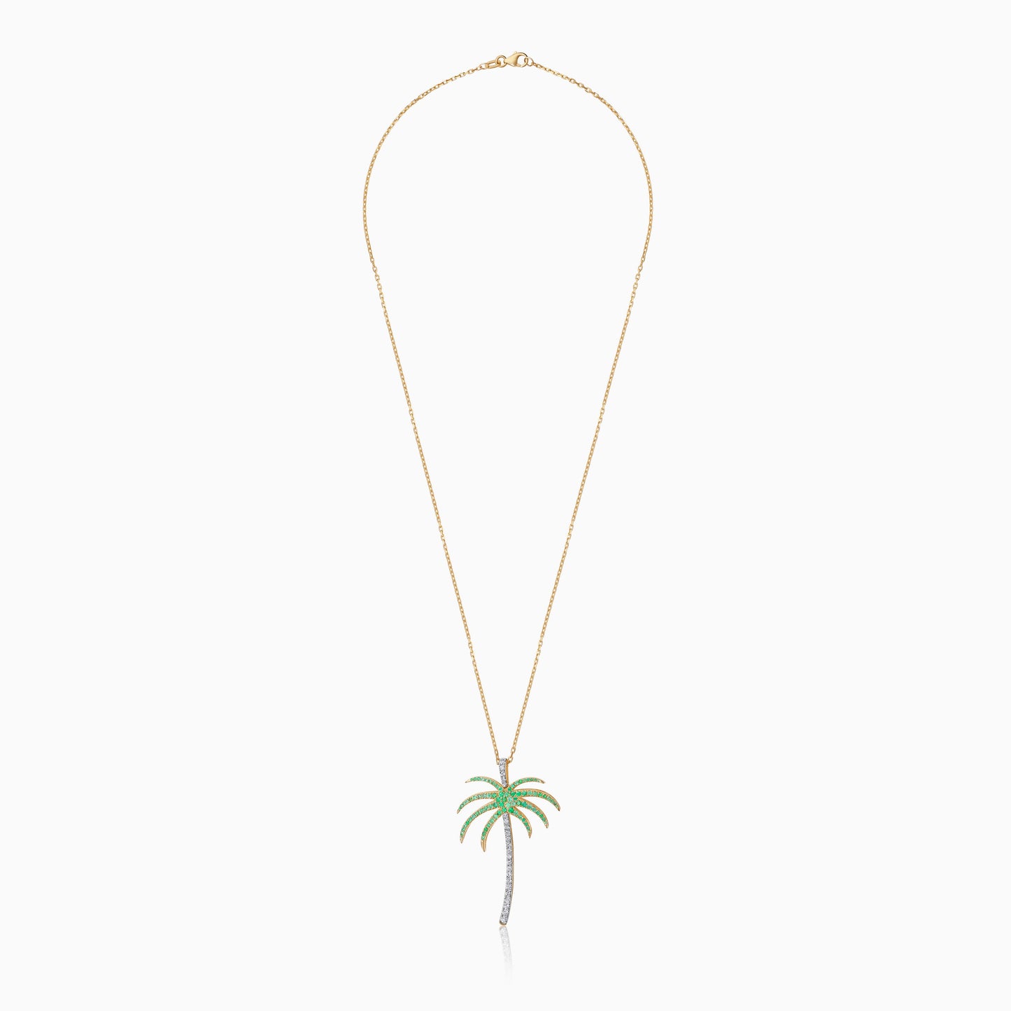 18K Yellow Gold Chain with Palm Tree-Shaped Pendant (40mm) Decorated with Natural Diamond and Emerald | Al Nakhla Collection