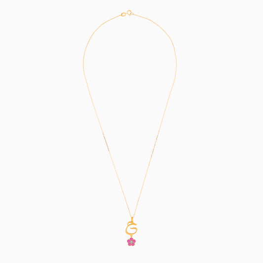18k yellow gold kids necklace with the letter “Haa” decorated with a hanging pink enamel Flower and natural diamond in the centre