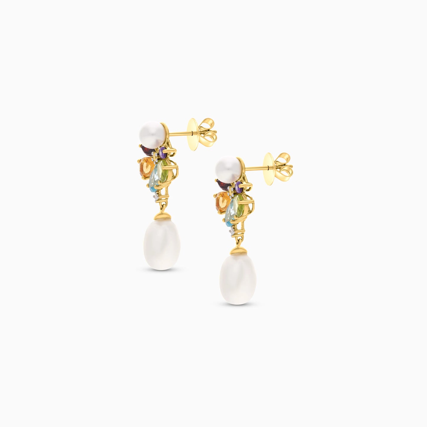 18K Yellow Gold Multicolored Gemstone Flower Dangle Earrings with Natural Diamonds and Pearl Drops - Danah Diamond Collection