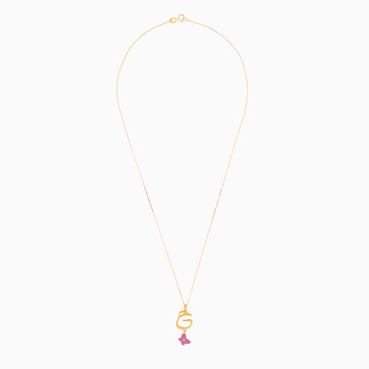 18k yellow gold kids necklace with the letter “Haa” decorated with a hanging pink enamel butterfly and natural diamond in the centre
