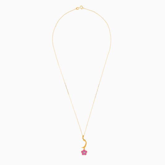 18k Yellow Gold Kids Necklace with Arabic Letter "Raa" – Pink Enamel Flower & Diamond | Horoufi Kids Collection