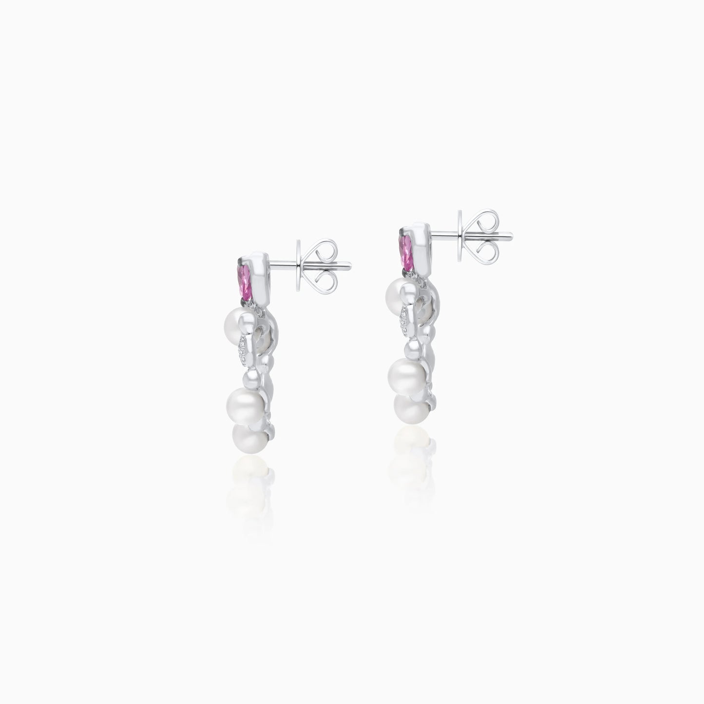 18k white gold heart-shaped earrings decorated with pearls, natural diamond and natural Pink Sapphire stones | danah collection