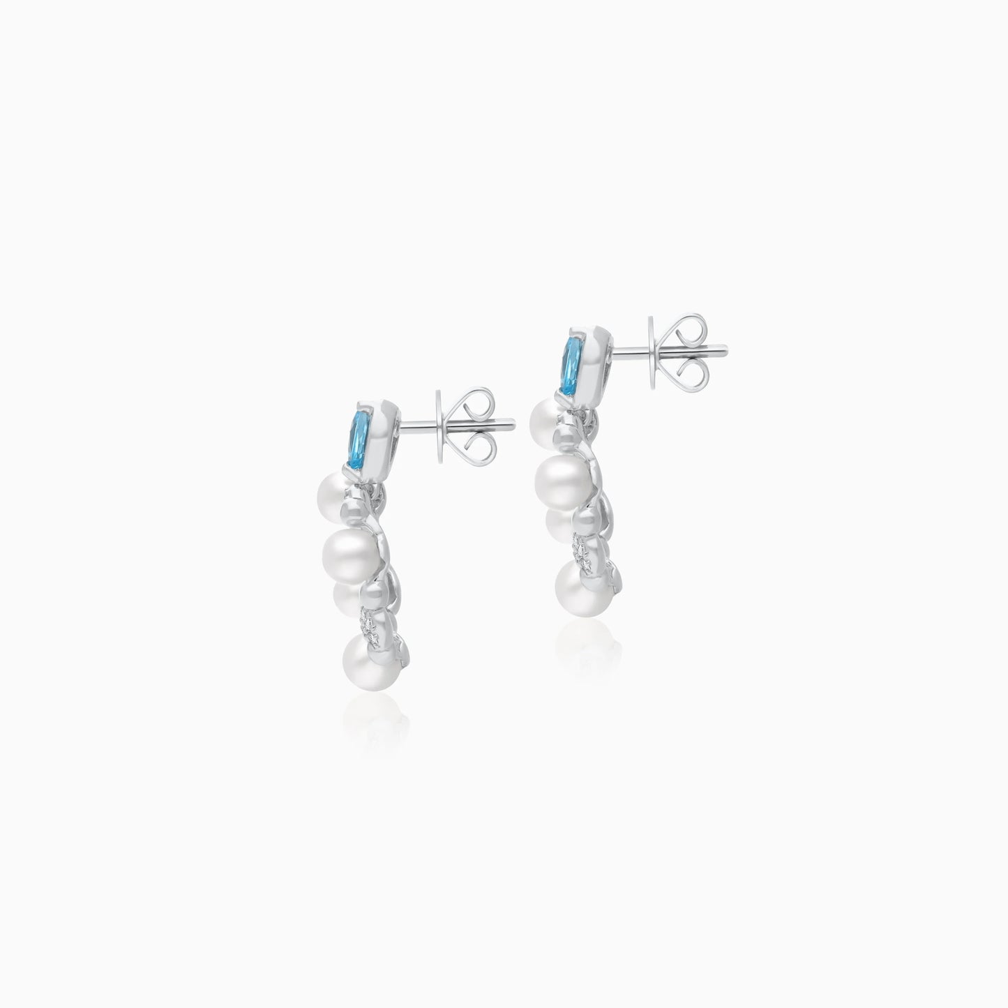 18k white gold heart-shaped earrings decorated with pearls, natural diamond and natural Swiss blue Topaz stones | danah collection