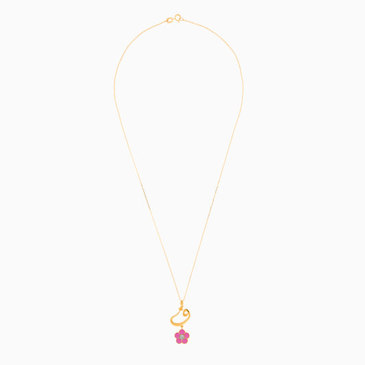 18K Gold Kids Necklace with Letter Faa with dangling Pink Flower decorated with natural diamond - Horoufi Kids Collection