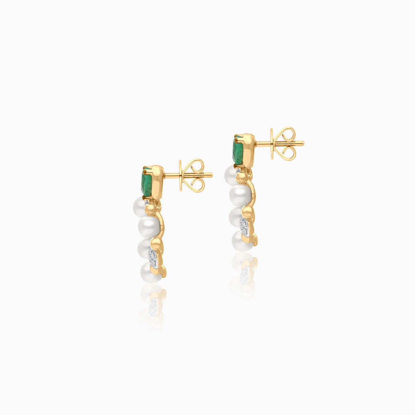18k Yellow Gold Heart-Shaped Earrings Decorated with Pearls, Natural Diamond and Natural Emerald Stones | Danah Collection