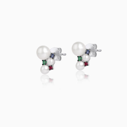 18k White gold stud earrings decorated with pearls and Gemstones | danah collection
