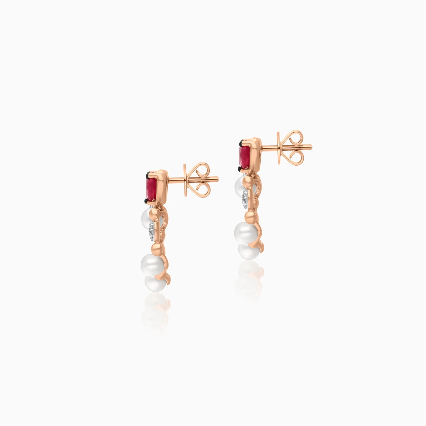 18k Rose Gold Heart-shaped earrings decorated with Pearl & Natural Diamond and Ruby | Danah Collection