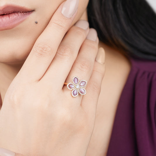 18K Yellow Gold Flower Ring with Natural Diamonds and Pink Mother of Pearl – Mosaic Collection