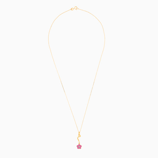 18k yellow gold kids necklace with lettering "mem" with dangling pink flower decorated with a single natural diamond in the centre
