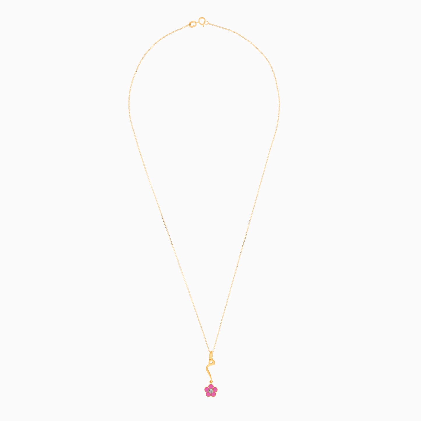 18k Yellow Gold Kids Necklace – ‘Mem’ Lettering with Pink Flower & Natural Diamond | Horoufi Kids Collection