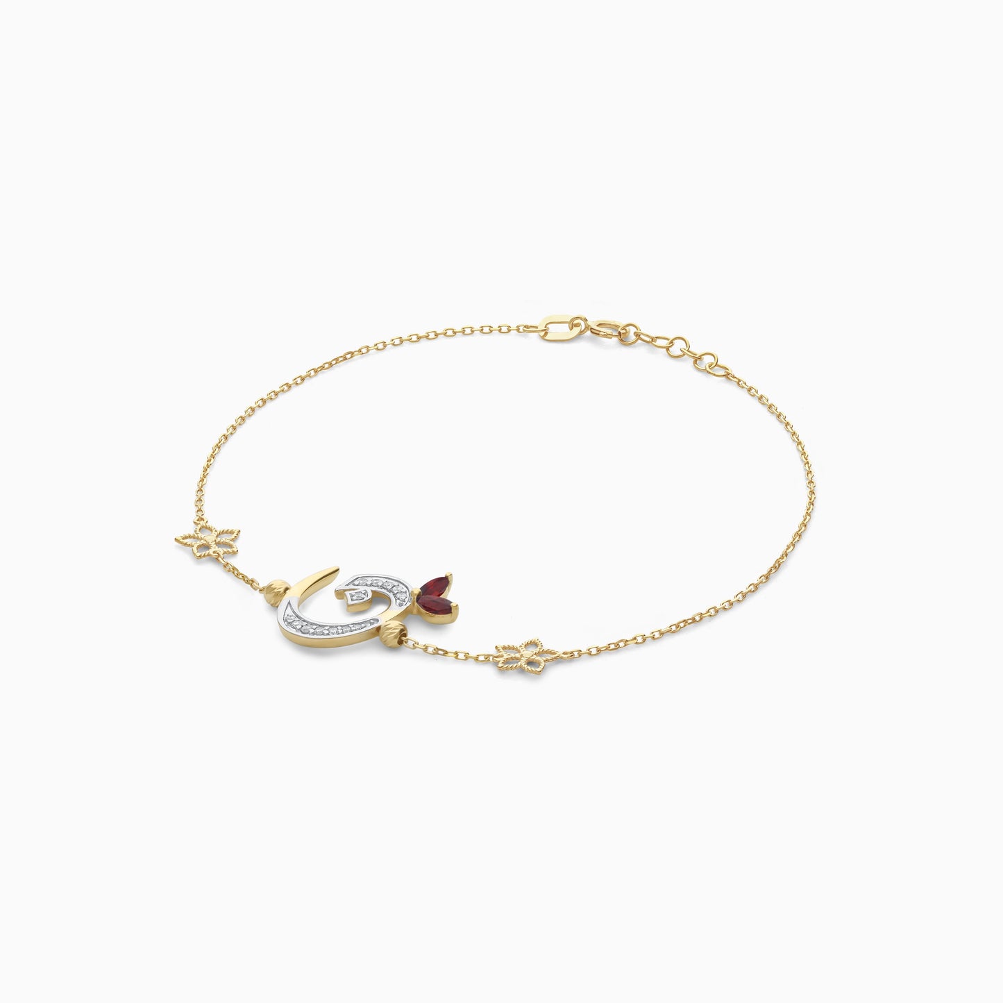 18K Gold Bracelet with Arabic Letter ‘Noon’ & Red Garnet | Horoufi Diamond Collection