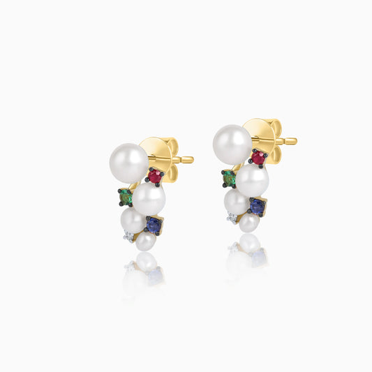 18k yellow gold Stud Earrings decorated with pearls and Natural Diamonds, Emerald,Blue Sapphire and Ruby | Danah Collection