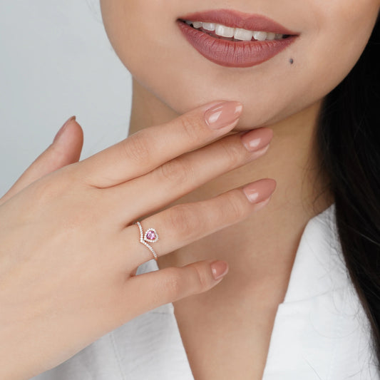 18k Rose Gold Ring with Pink Topaz Heart & Natural Diamond Halo