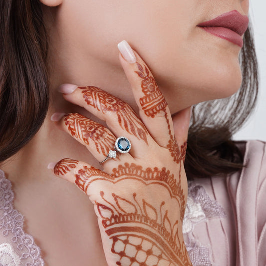 18K White Gold Ring with Diamonds and London Blue Topaz – Rabiya Collection