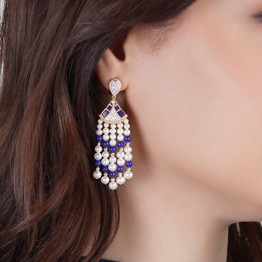18K Yellow Gold Dangling Earrings with Pearls, Natural Diamonds and Lazurite stones