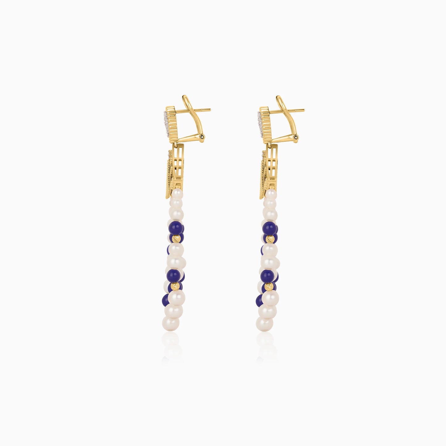 18K Yellow Gold Dangling Earrings with Pearls, Natural Diamonds and Lazurite stones
