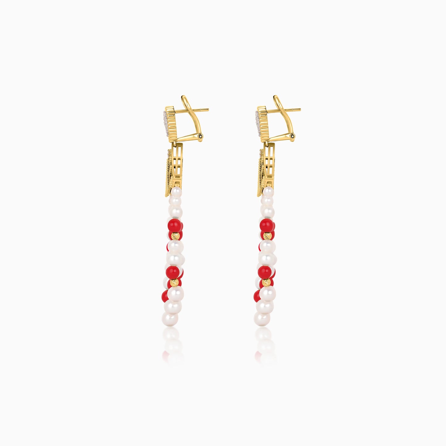 18K Yellow Gold Dangling Earrings with Pearls, Natural Diamonds and coral stones