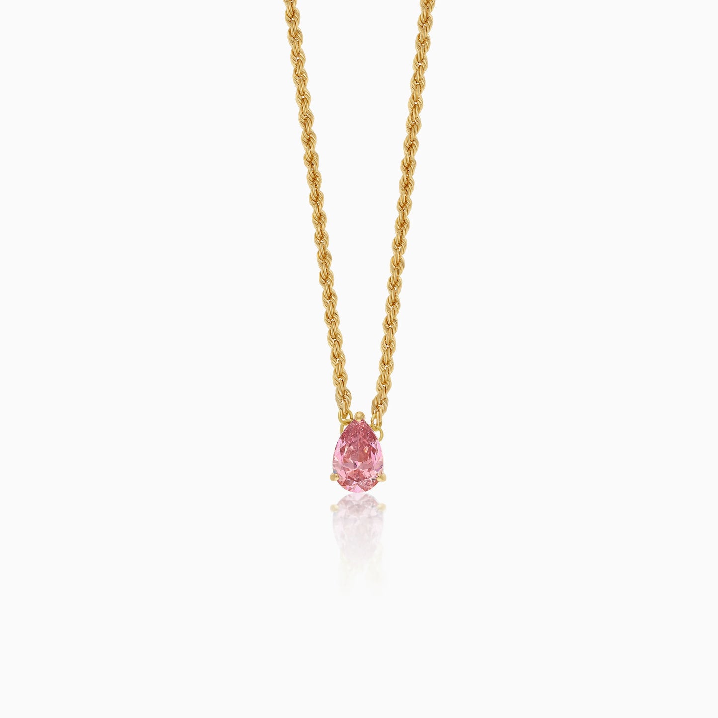 18K Yellow Gold Rope and Paperclip Chain with Pink Swarovski Zirconia Drop-Cut Stone
