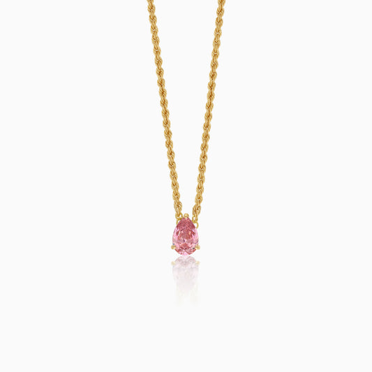 18K Yellow Gold Rope and Paperclip Chain with Pink Swarovski Zirconia Drop-Cut Stone