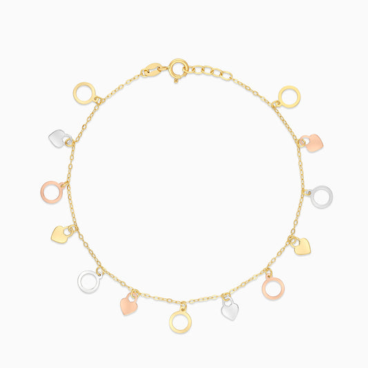 18K Gold Tri-Colour with Dangling Circles & Heart lock shapes