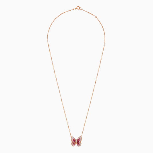 18K Rose Gold Pendant chain Butterfly Natural Pink Sapphire, Ruby and Diamonds