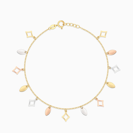 18K Tri-Color Gold Geometric Leaf Charm Bracelet