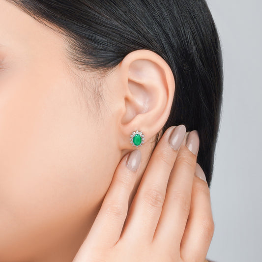 18K White Gold Pair of Earrings Oval Emerald and Diamonds - Diana Collection