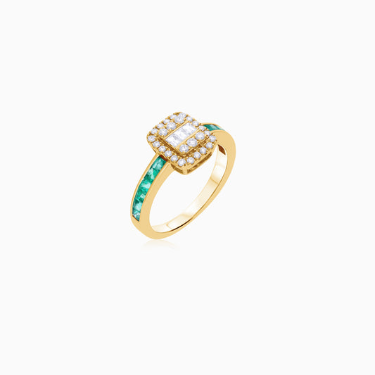 18K Yellow Gold Natural Emerald & Diamonds Ring - Carre Collection