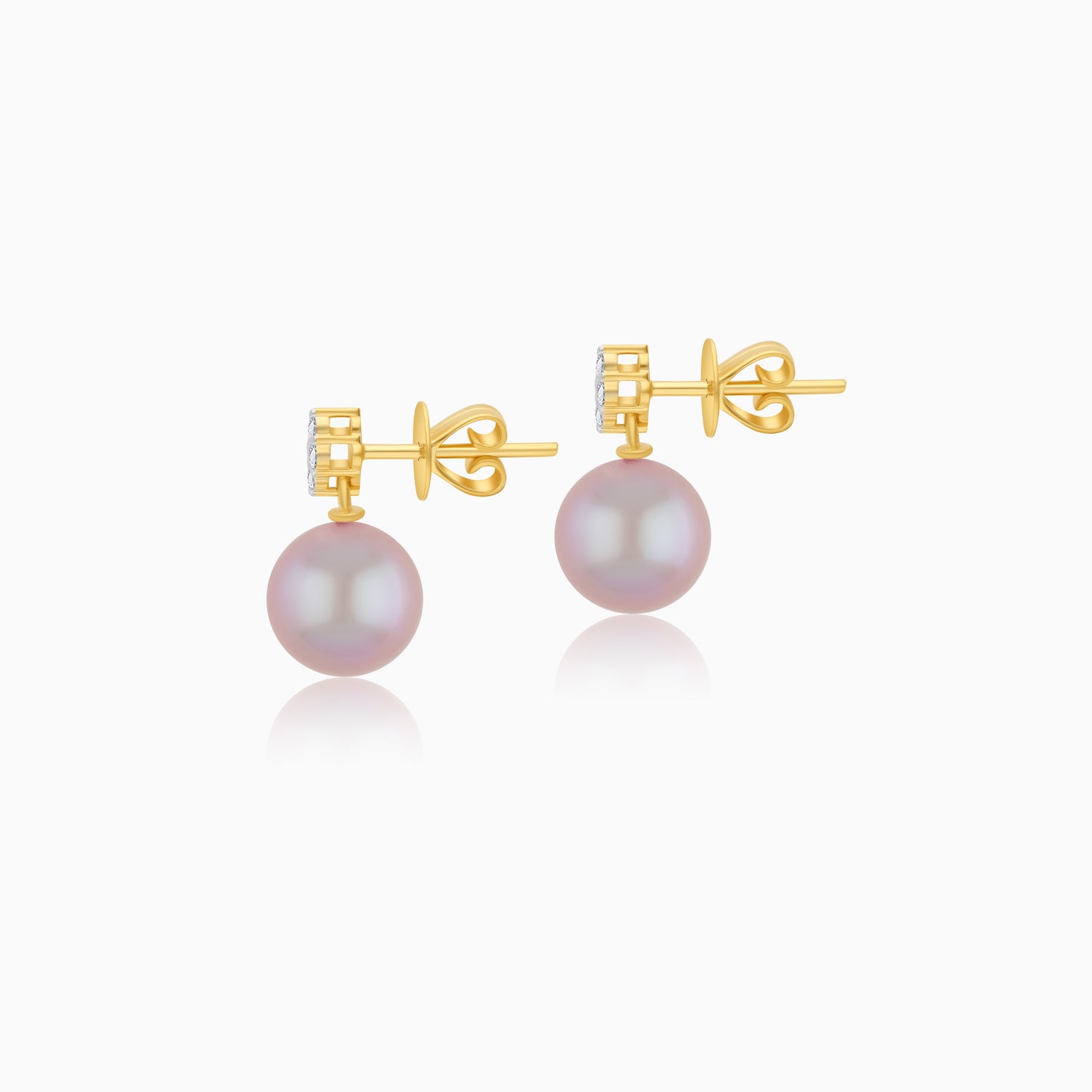 18K Yellow Gold Freshwater Pearl Stud Earrings and Natural Diamonds