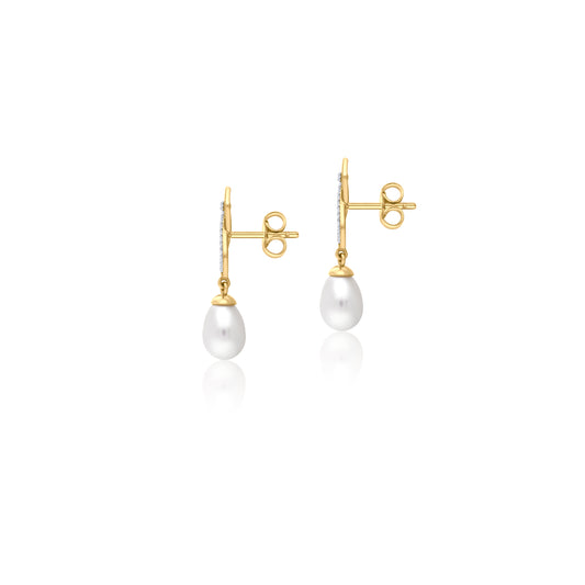 18K Yellow Gold Pearl Earrings With Natural Diamonds
