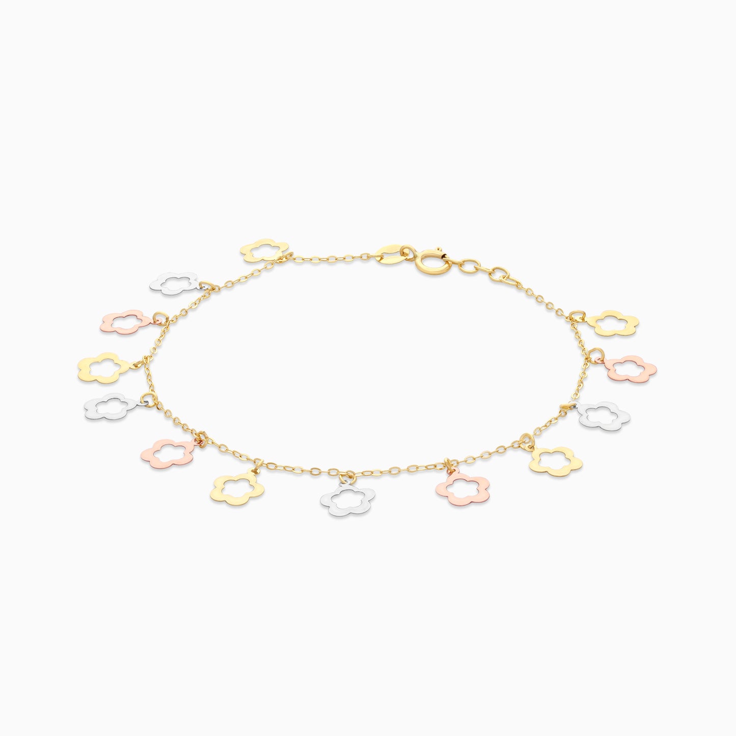 18K Multi-Colour Gold Charm Bracelet with Dangling Flowers