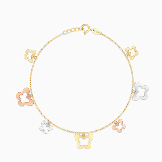 18K Multicolour Gold Charm Bracelet with 2 sizes Dangling Butterflies