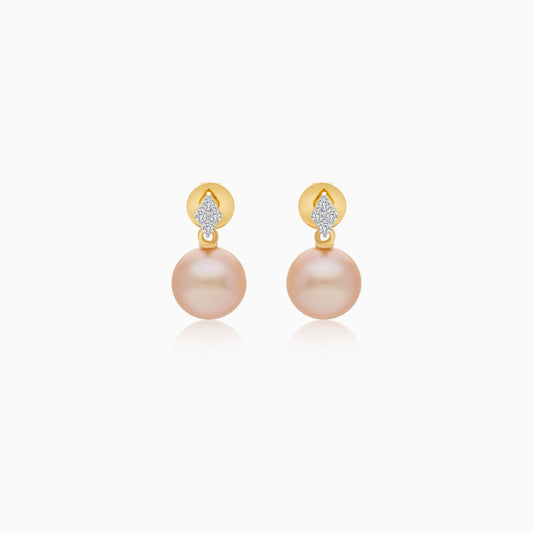 18K Yellow Gold Freshwater Pearl Stud Earrings and Natural Diamonds