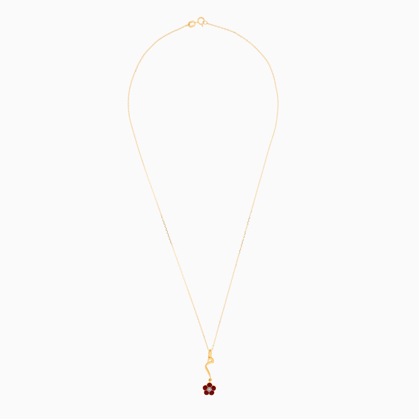 18K YELLOW GOLD KIDS NECKLACE WITH LETTER MEM IN ARABIC AND DANGLING MAROON FLOWER DECORATED BY NATURAL DIAMOND STONE IN THE CENTER