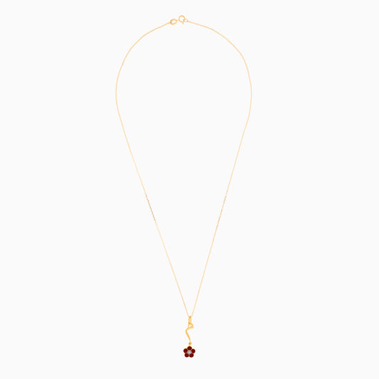 18K YELLOW GOLD KIDS NECKLACE WITH LETTER MEM IN ARABIC AND DANGLING MAROON FLOWER DECORATED BY NATURAL DIAMOND STONE IN THE CENTER
