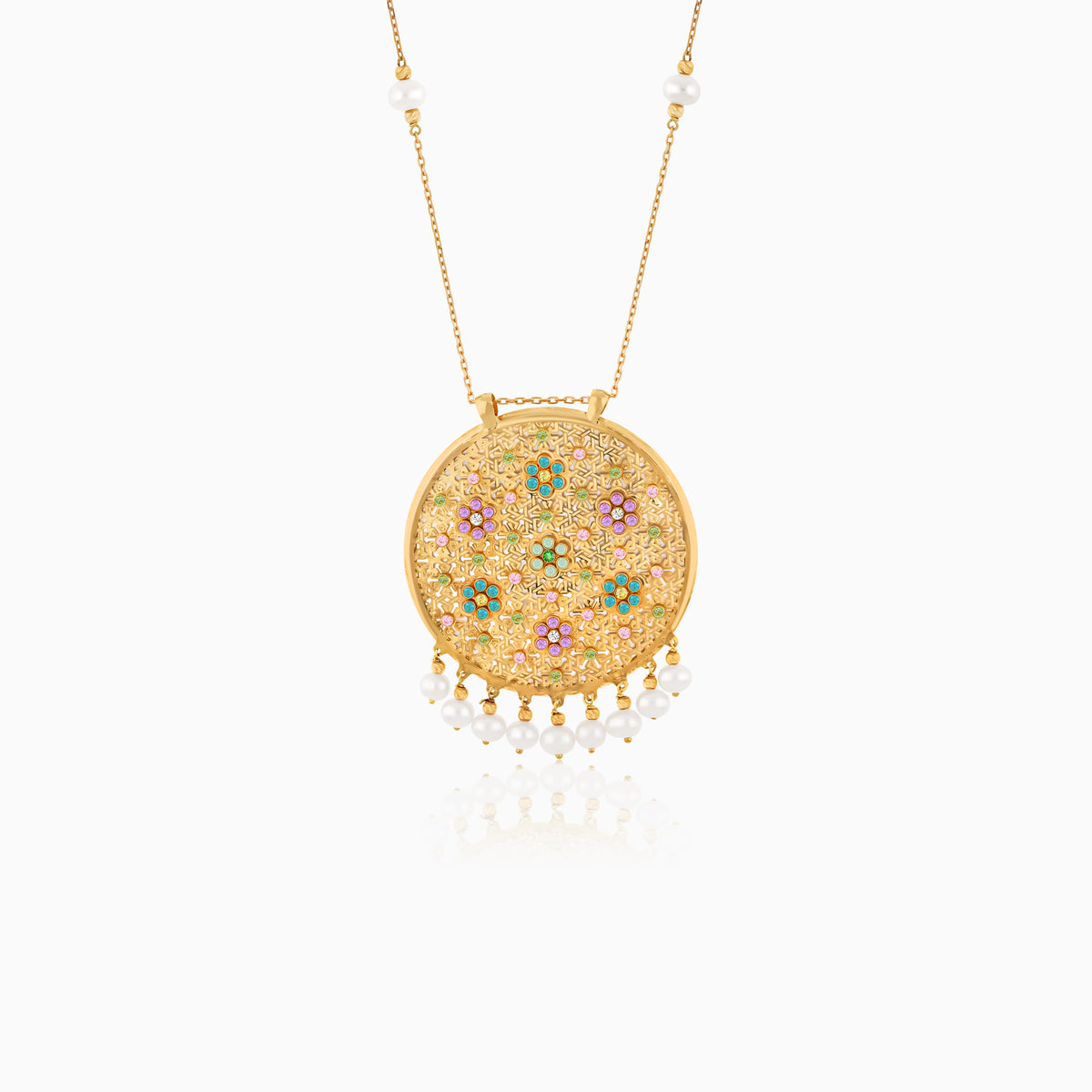 Shamsa Double-Face Pendant with artificial stones and Pearl in 18k Yellow Gold